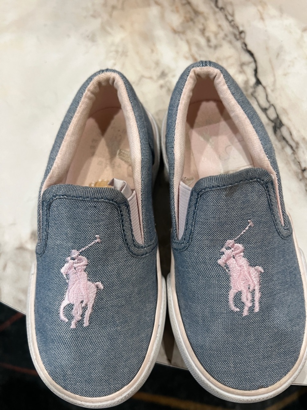 Ralph Lauren Kids Blue Denim Slip-On Sneakers with Pink Polo Logo